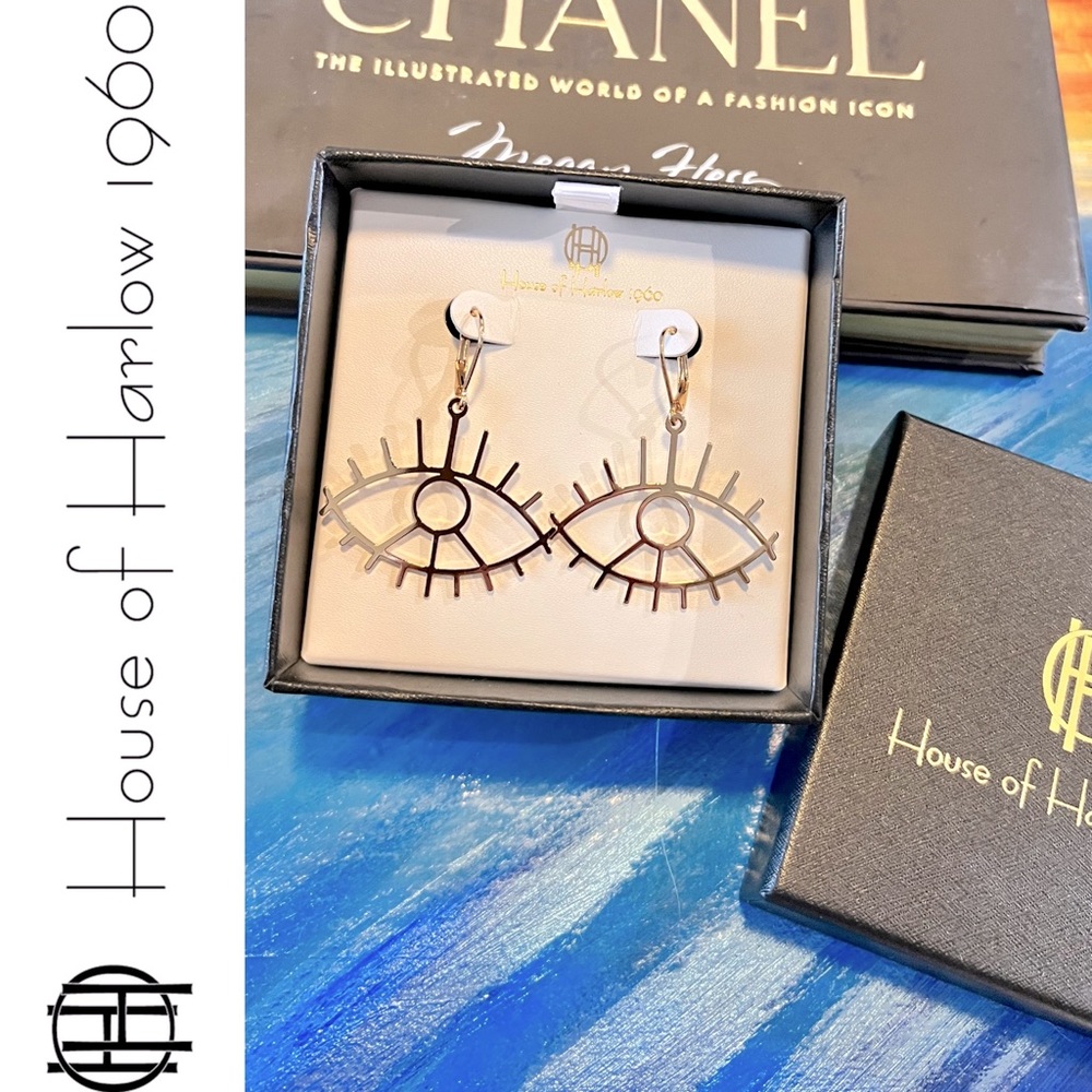 HOUSE OF HARLOW 1960 Evil Eye Gold Earrings - NIB